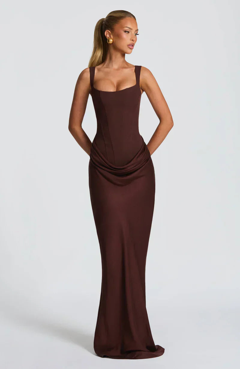 Eloisa | Maxi Dress Chocolate Brown Satin Corset Draped for Women