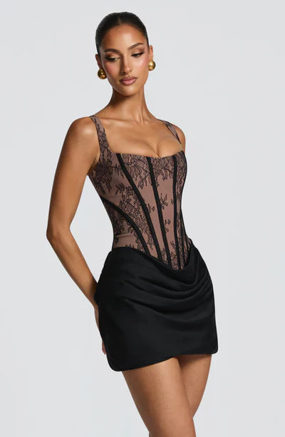 Mabel | Mini Dress Chocolate Brown Corset Draped Skirt for Women