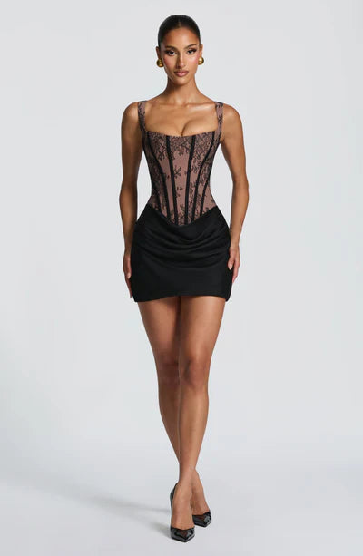 Mabel | Mini Dress Chocolate Brown Corset Draped Skirt for Women