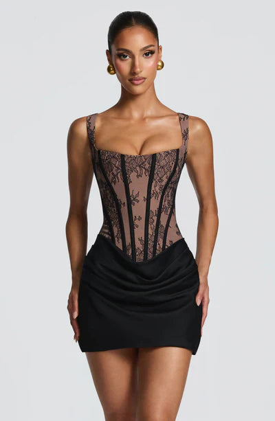 Mabel | Mini Dress Chocolate Brown Corset Draped Skirt for Women