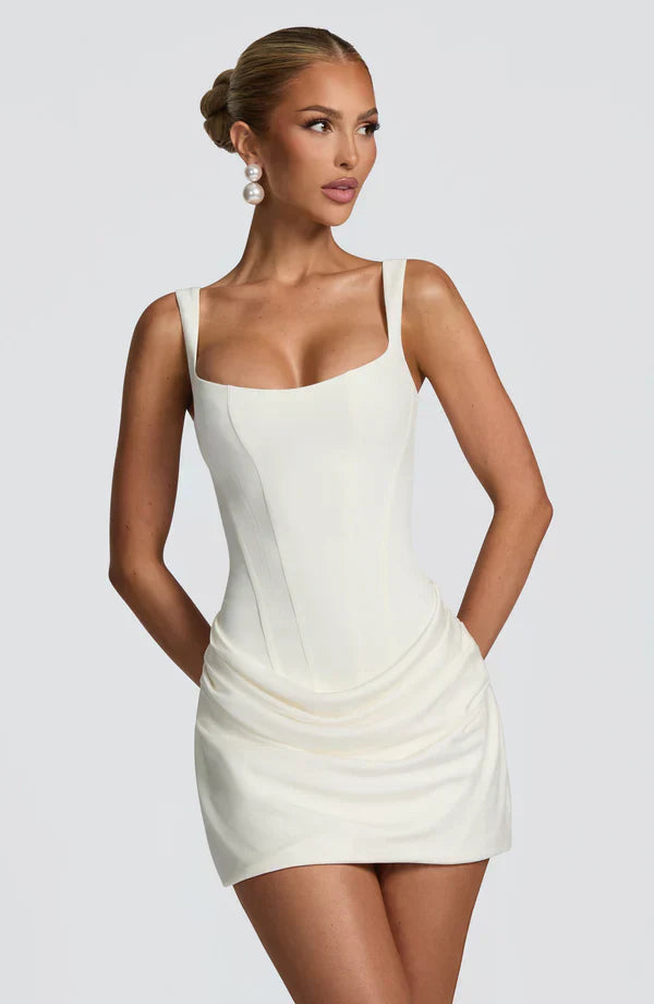 Mabel | Mini Dress Chocolate Brown Corset Draped Skirt for Women