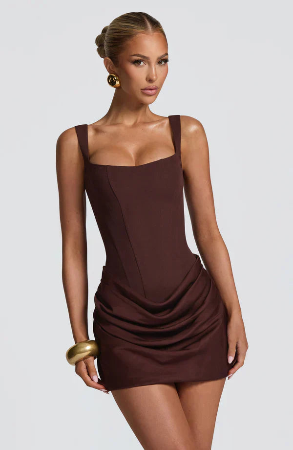 Mabel | Mini Dress Chocolate Brown Corset Draped Skirt for Women