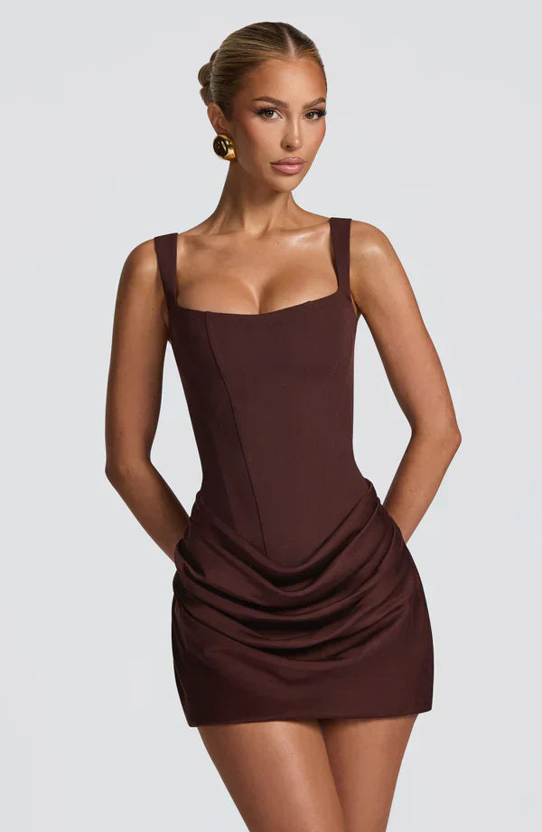 Mabel | Mini Dress Chocolate Brown Corset Draped Skirt for Women