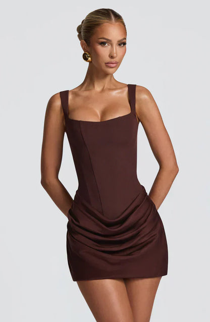 Mabel | Mini Dress Chocolate Brown Corset Draped Skirt for Women
