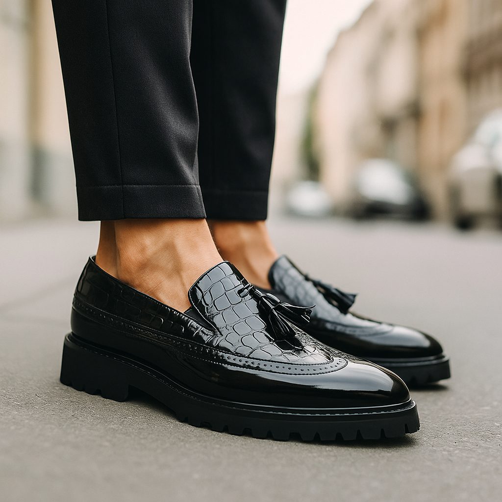 Laurence | Loafers Burgundy Black Leather Croc-Embossed Tassel Lug Sole for Men