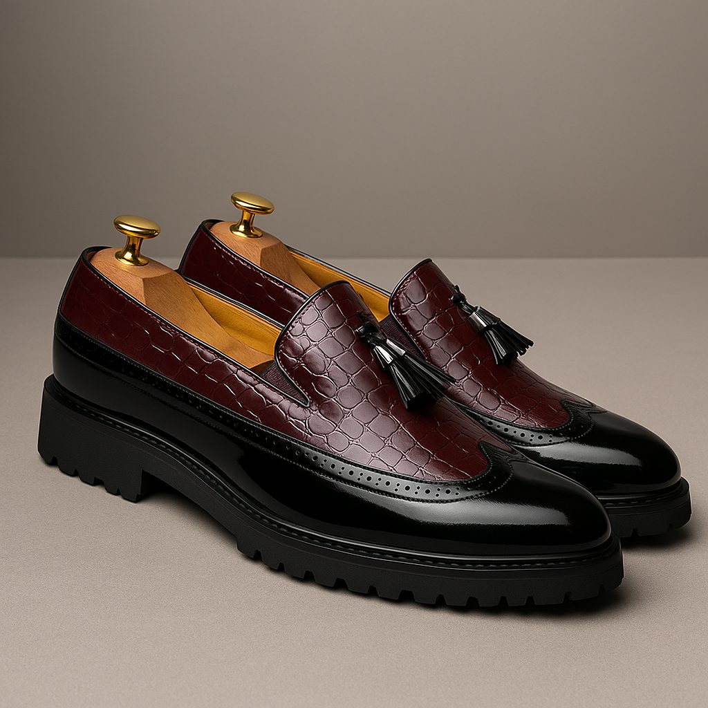 Laurence | Loafers Burgundy Black Leather Croc-Embossed Tassel Lug Sole for Men