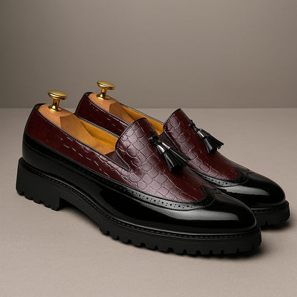 Laurence | Loafers Burgundy Black Leather Croc-Embossed Tassel Lug Sole for Men