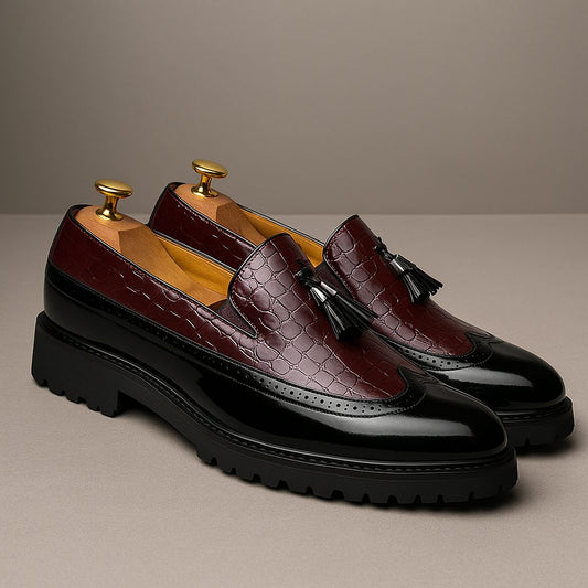 Laurence | Loafers Burgundy Black Leather Croc-Embossed Tassel Lug Sole for Men