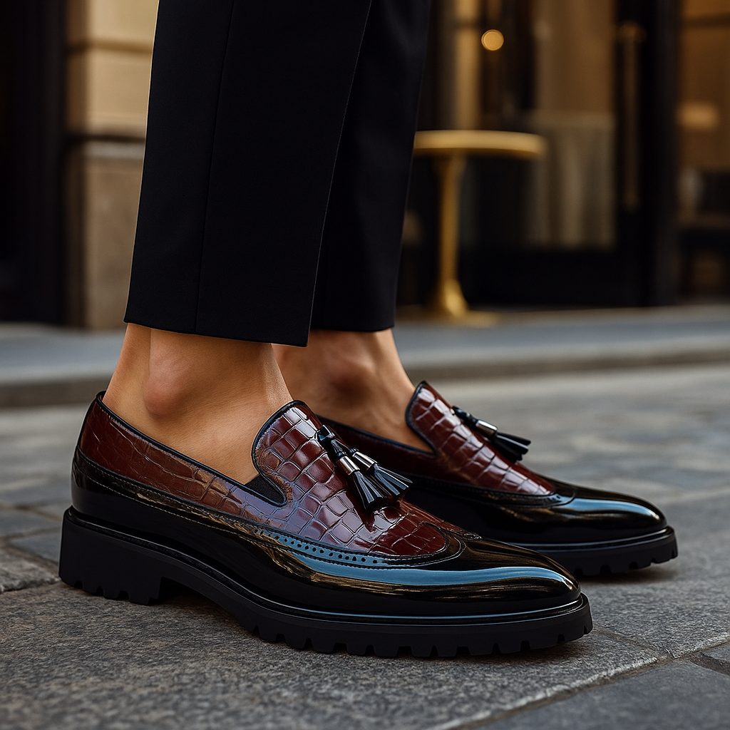 Laurence | Loafers Burgundy Black Leather Croc-Embossed Tassel Lug Sole for Men
