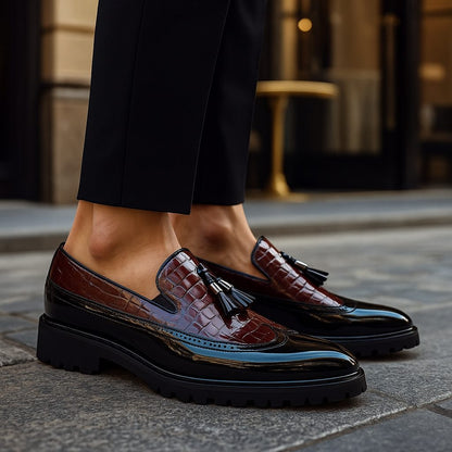 Laurence | Loafers Burgundy Black Leather Croc-Embossed Tassel Lug Sole for Men