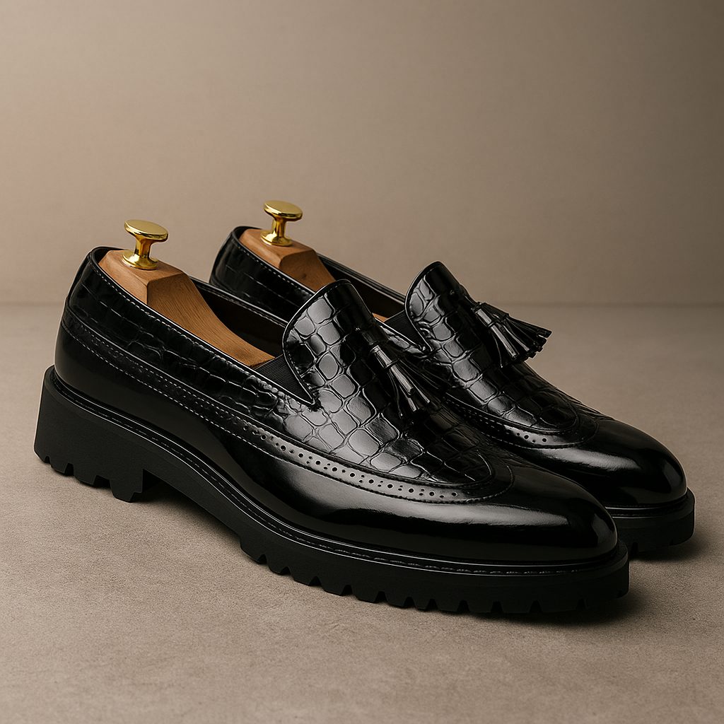 Laurence | Loafers Burgundy Black Leather Croc-Embossed Tassel Lug Sole for Men