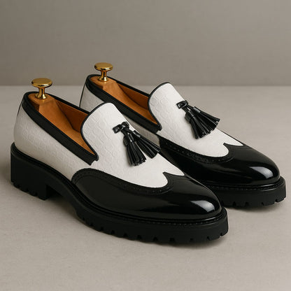 Laurence | Loafers Burgundy Black Leather Croc-Embossed Tassel Lug Sole for Men