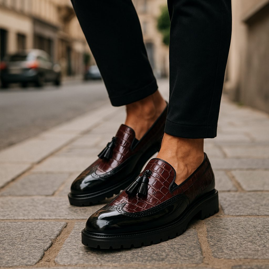 Laurence | Loafers Burgundy Black Leather Croc-Embossed Tassel Lug Sole for Men