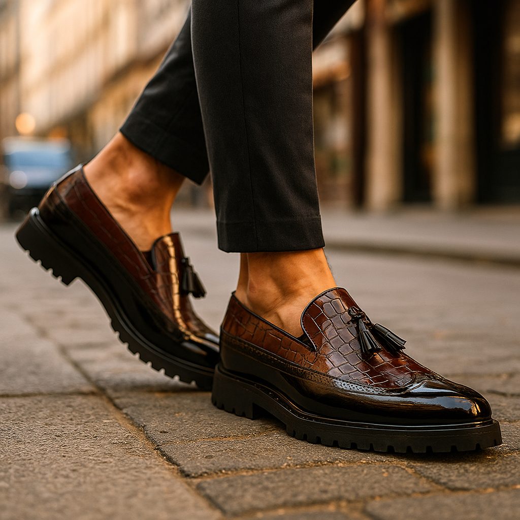 Laurence | Loafers Burgundy Black Leather Croc-Embossed Tassel Lug Sole for Men