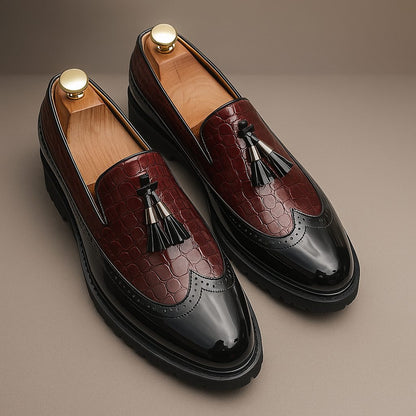 Laurence | Loafers Burgundy Black Leather Croc-Embossed Tassel Lug Sole for Men
