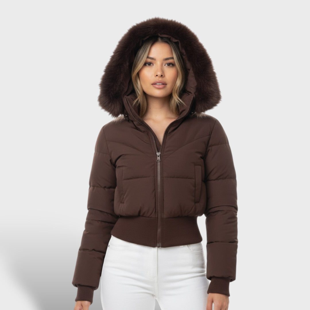 Sorrel | Cropped Puffer Jacket Brown Faux Fur Hood for Women