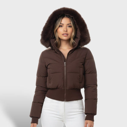 Sorrel | Cropped Puffer Jacket Brown Faux Fur Hood for Women