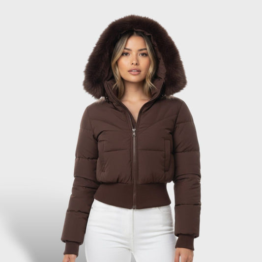 Sorrel | Cropped Puffer Jacket Brown Faux Fur Hood for Women