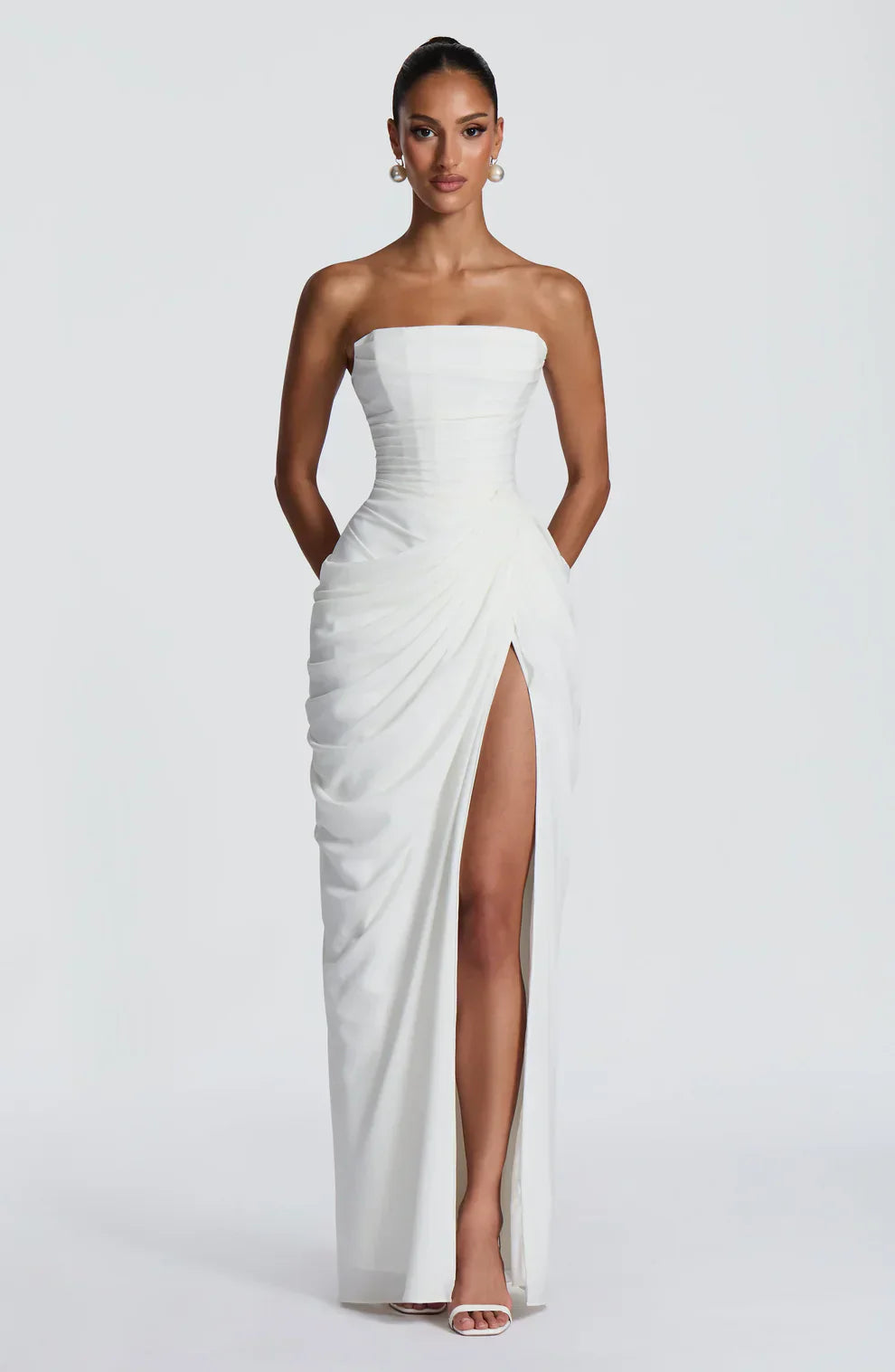 Cynthia | Maxi Dress Yellow Draped Strapless High Slit for Women