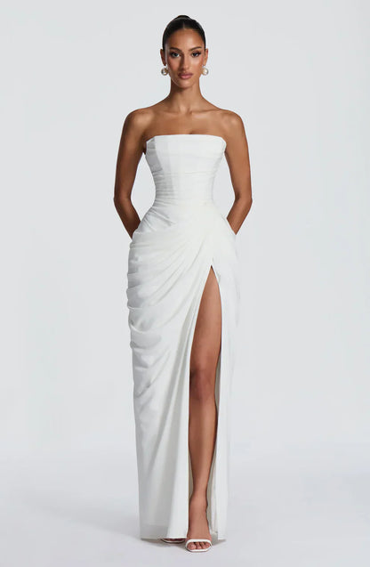 Cynthia | Maxi Dress Yellow Draped Strapless High Slit for Women