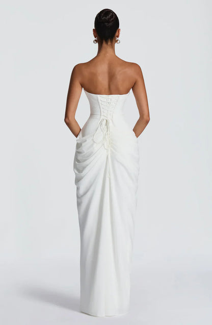 Cynthia | Maxi Dress Yellow Draped Strapless High Slit for Women