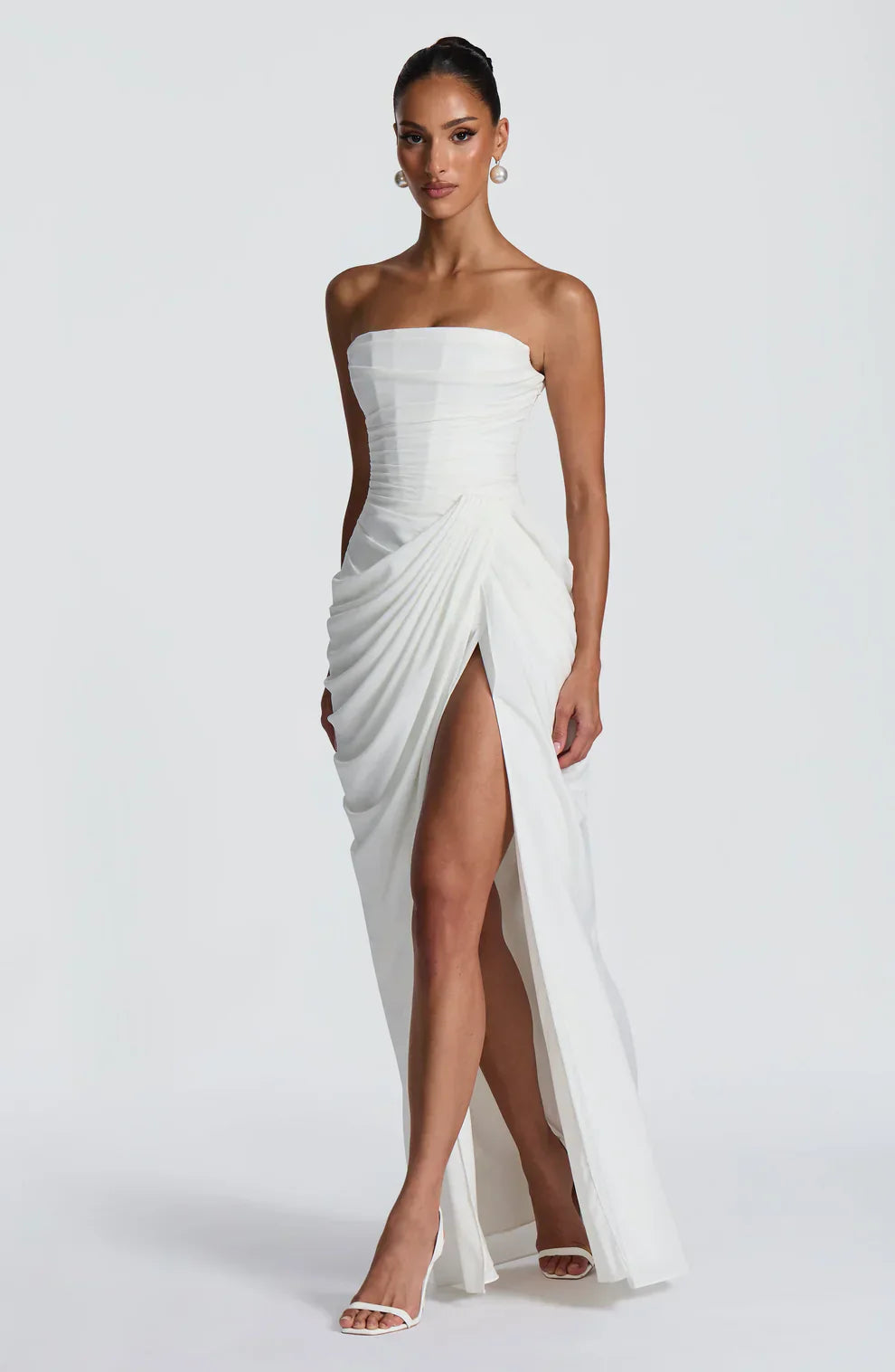 Cynthia | Maxi Dress Yellow Draped Strapless High Slit for Women