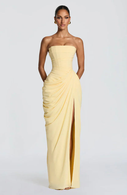 Cynthia | Maxi Dress Yellow Draped Strapless High Slit for Women