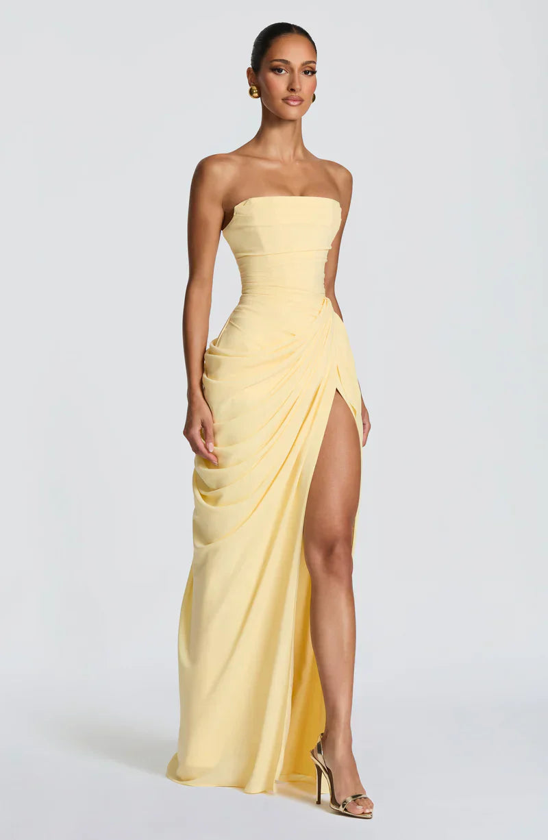 Cynthia | Maxi Dress Yellow Draped Strapless High Slit for Women