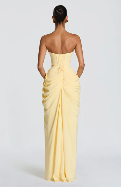 Cynthia | Maxi Dress Yellow Draped Strapless High Slit for Women