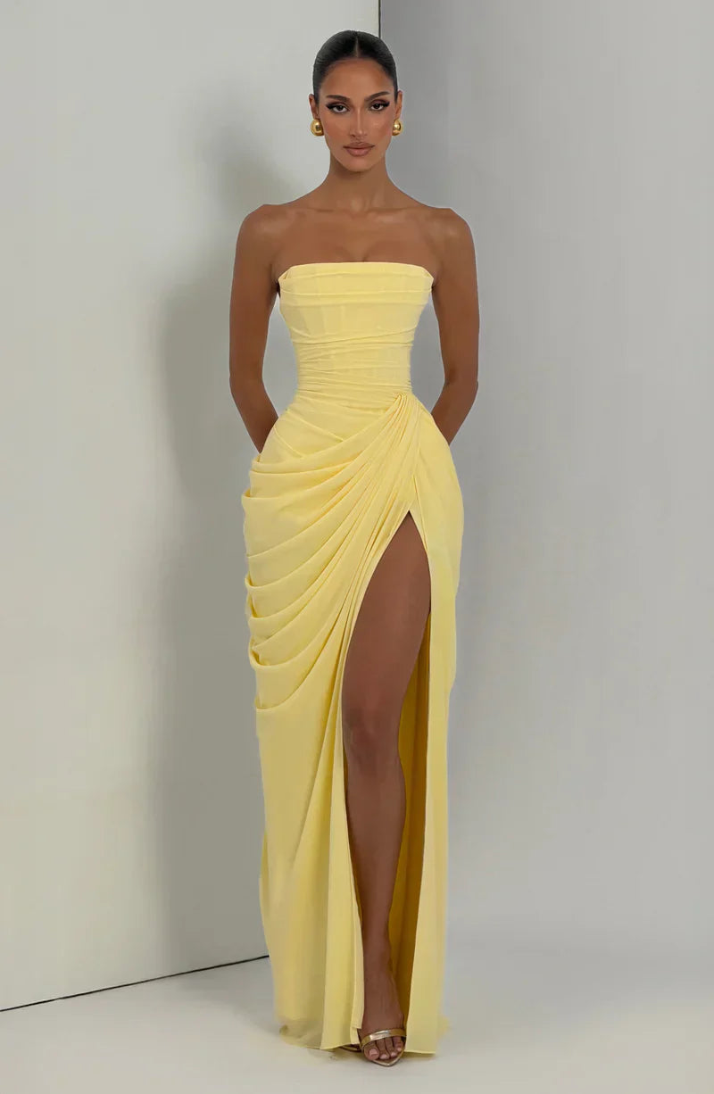 Cynthia | Maxi Dress Yellow Draped Strapless High Slit for Women