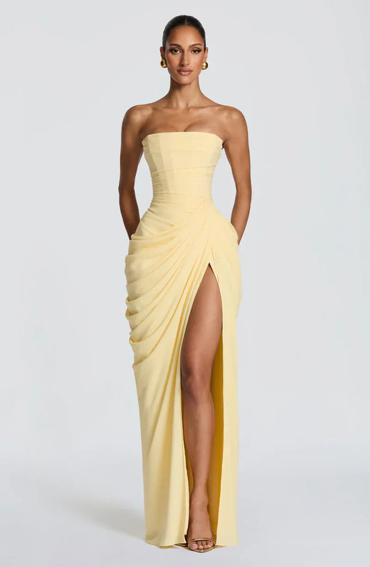 Cynthia | Maxi Dress Yellow Draped Strapless High Slit for Women