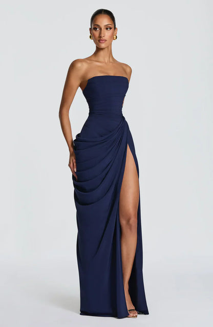 Cynthia | Maxi Dress Yellow Draped Strapless High Slit for Women