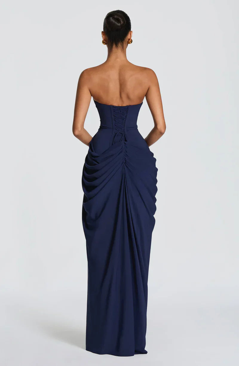 Cynthia | Maxi Dress Yellow Draped Strapless High Slit for Women