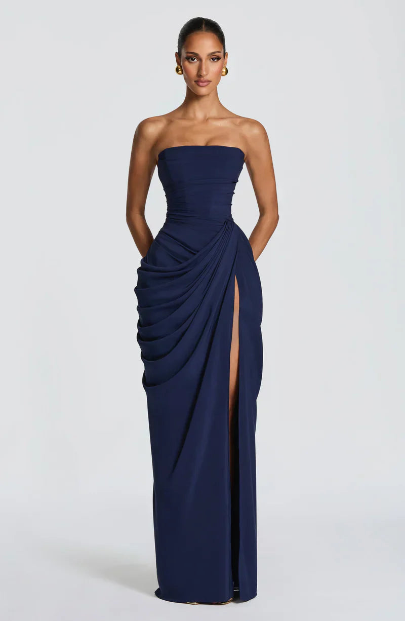 Cynthia | Maxi Dress Yellow Draped Strapless High Slit for Women