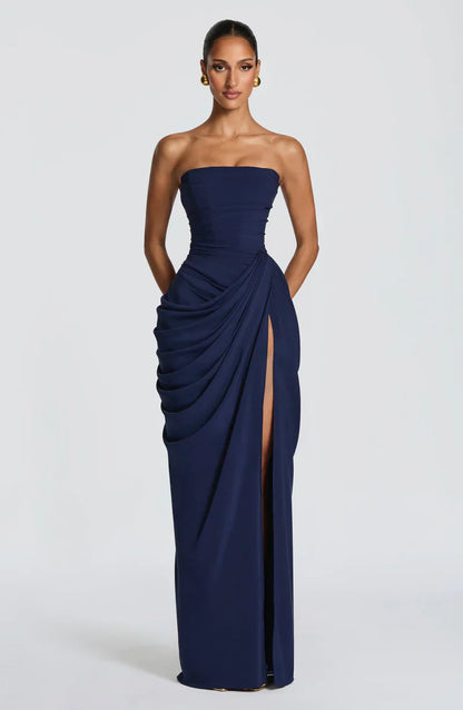 Cynthia | Maxi Dress Yellow Draped Strapless High Slit for Women