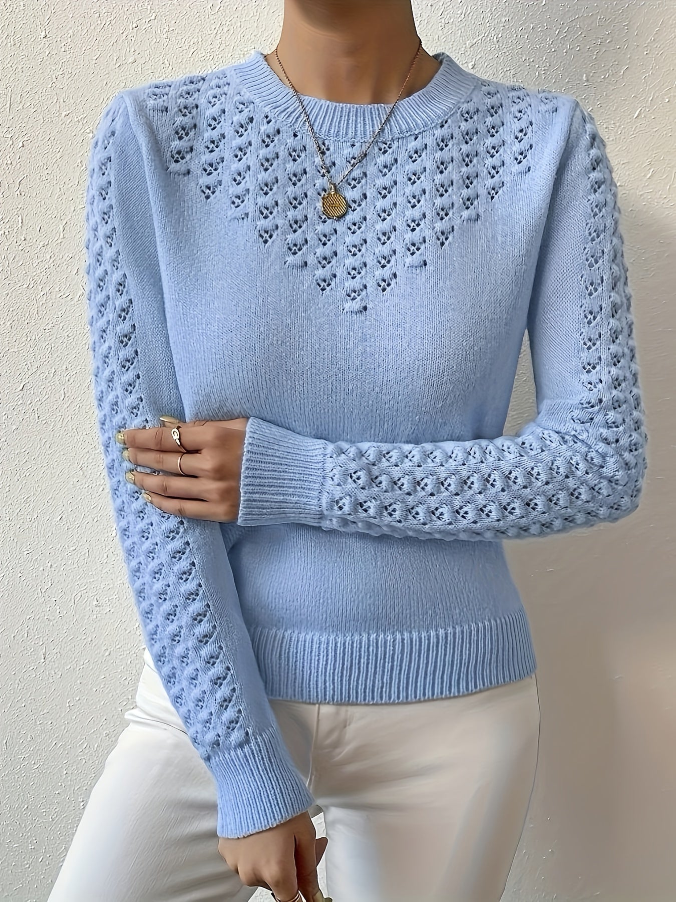 Gaynor | Pointelle-Knit Round Neck Sweater Blue Openwork for Women