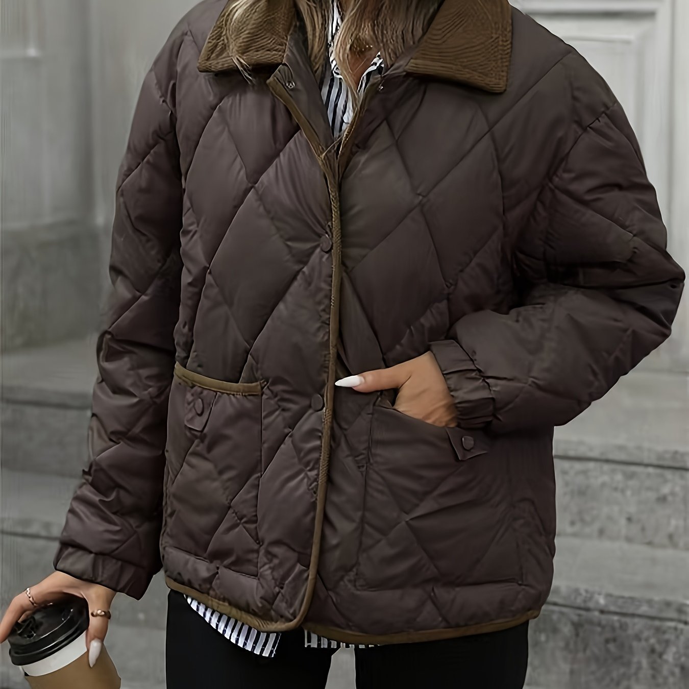 Enid | Quilted Jacket Brown Diamond Padded Corduroy Collar for Women