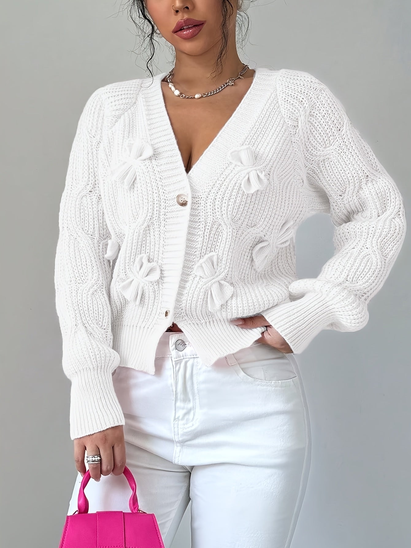 Nerissa | Cardigan Pink Knit Bow-Detail V-Neck for Women