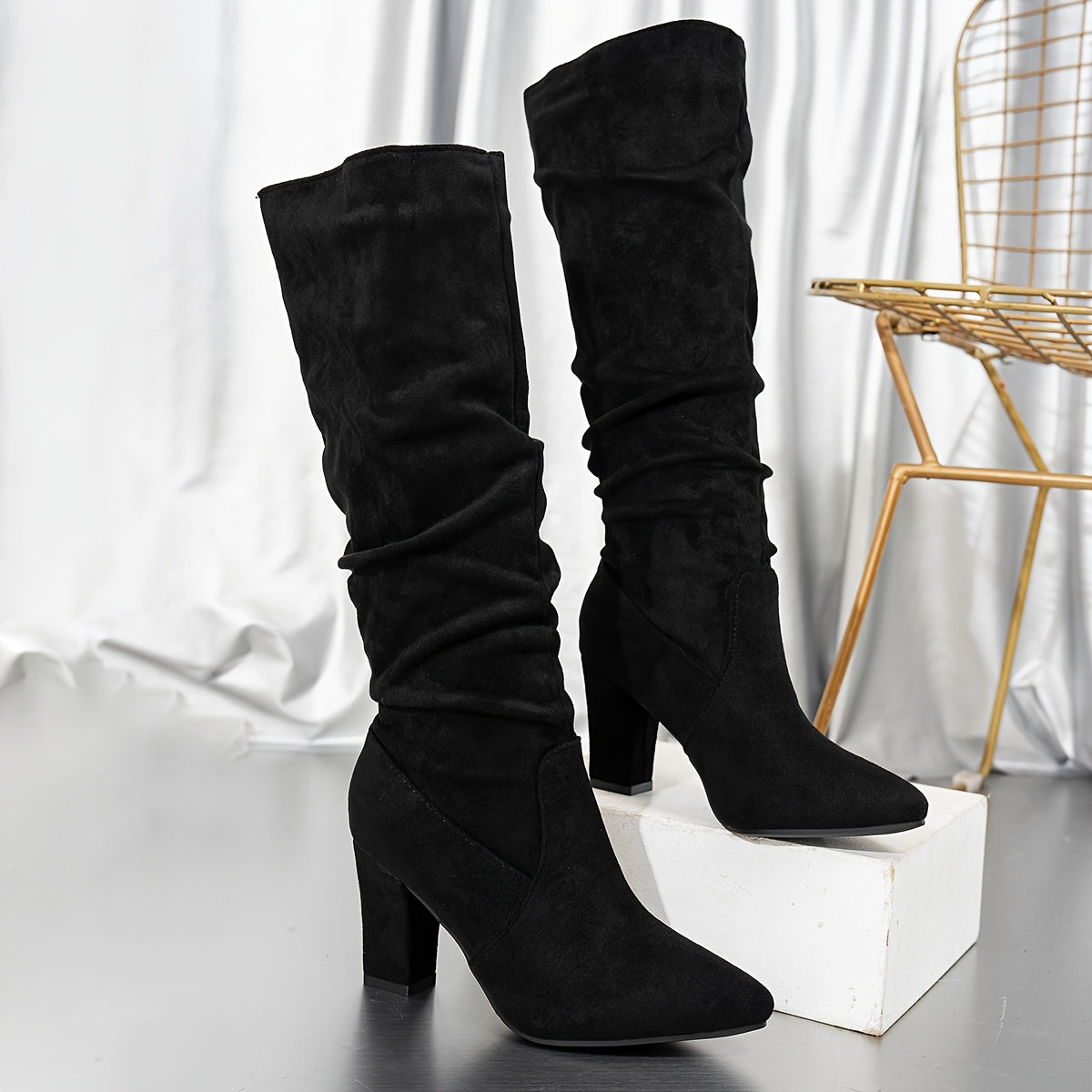 Mairi | Knee-High Boots Black Faux Suede Slouch Block Heel for Women