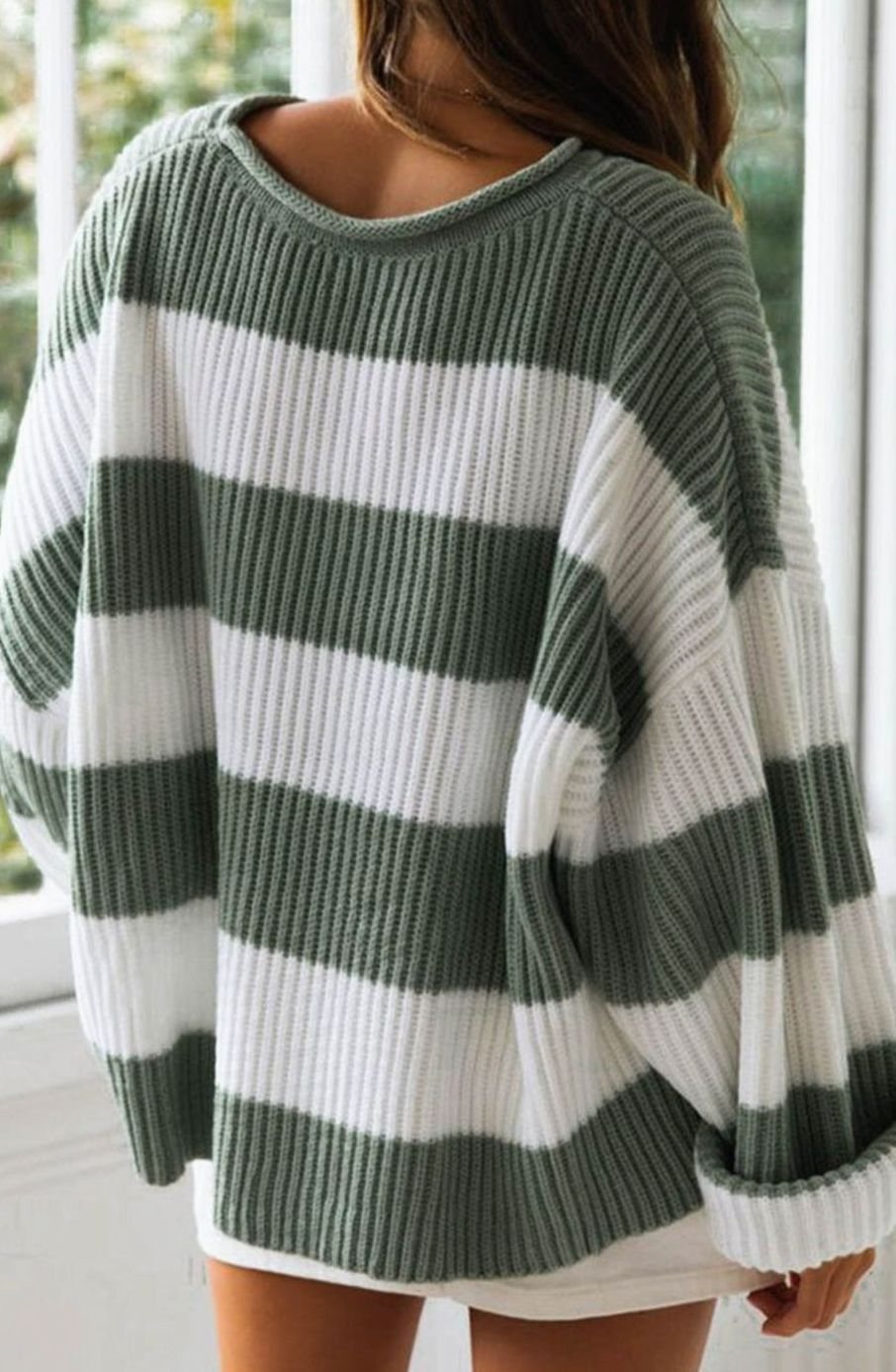 Marian | Oversized Striped Jumper Green White Ribbed Knit for Women