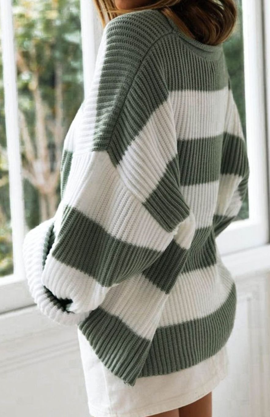 Marian | Oversized Striped Jumper Green White Ribbed Knit for Women