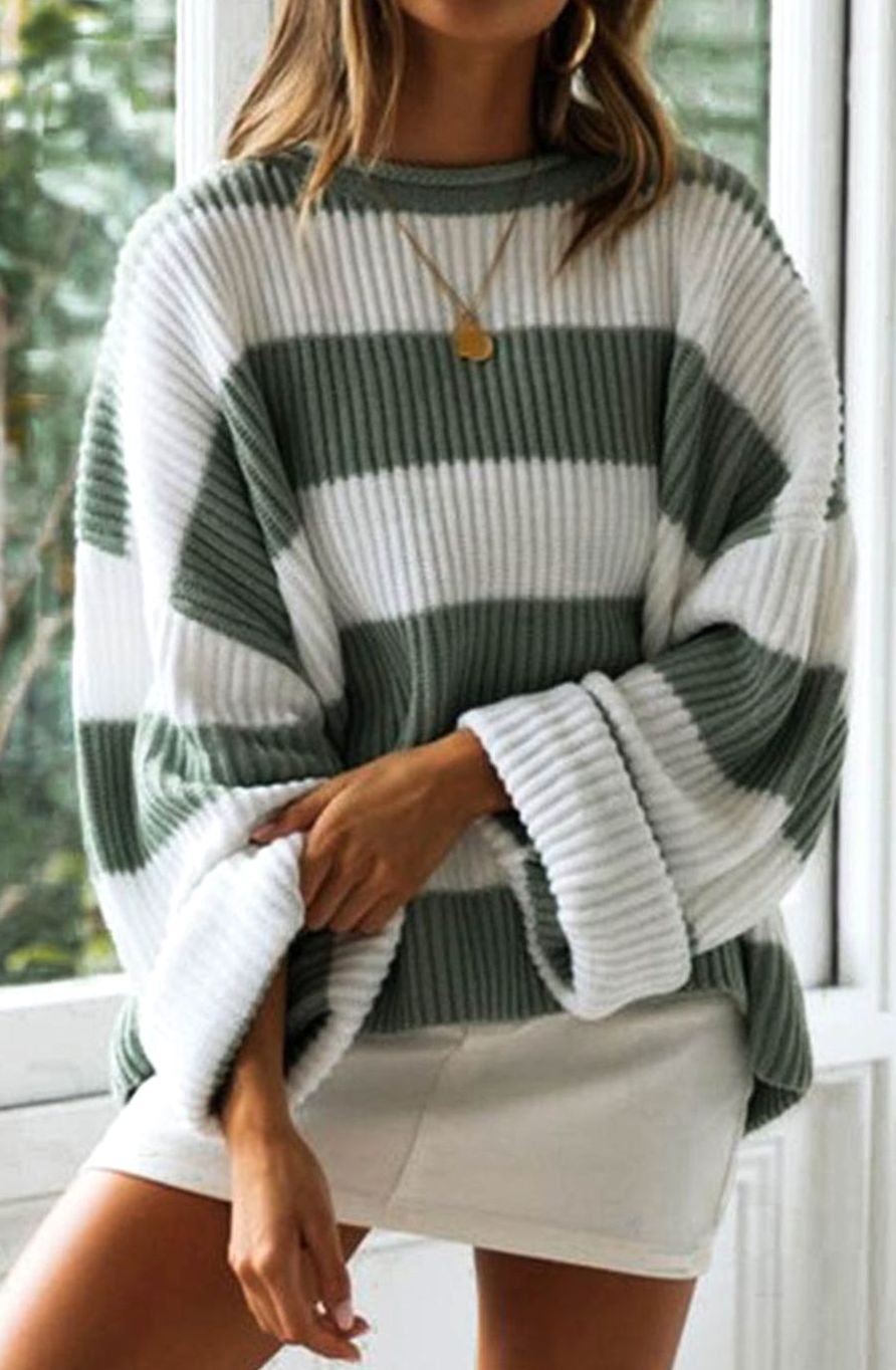Marian | Oversized Striped Jumper Green White Ribbed Knit for Women