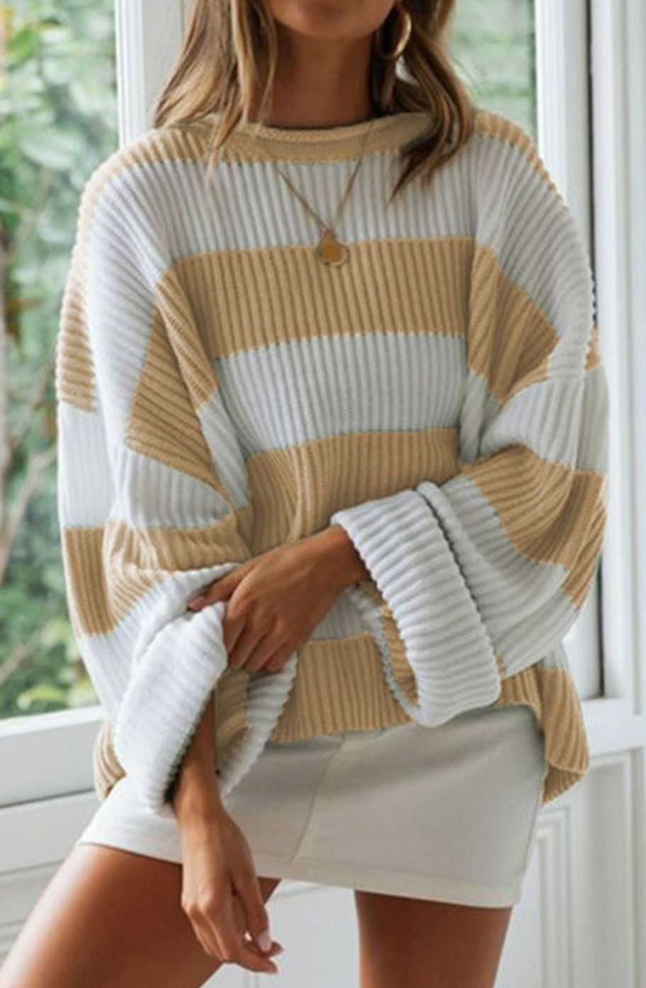 Marian | Oversized Striped Jumper Green White Ribbed Knit for Women
