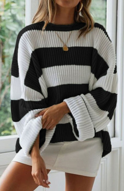 Marian | Oversized Striped Jumper Green White Ribbed Knit for Women