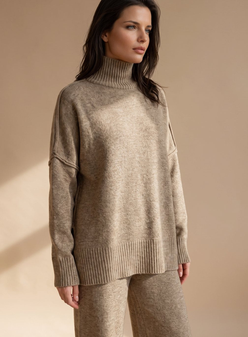 Griselda | Knit Lounge Set Taupe Turtleneck Wide-Leg for Women