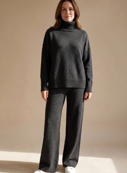 Griselda | Knit Lounge Set Taupe Turtleneck Wide-Leg for Women