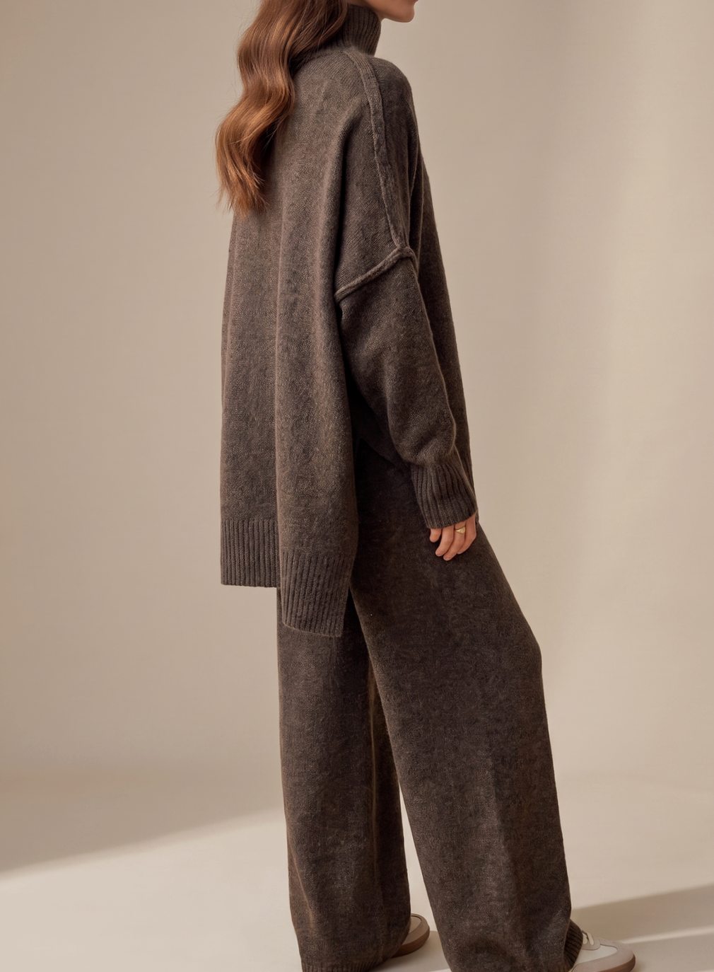 Griselda | Knit Lounge Set Taupe Turtleneck Wide-Leg for Women