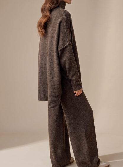 Griselda | Knit Lounge Set Taupe Turtleneck Wide-Leg for Women