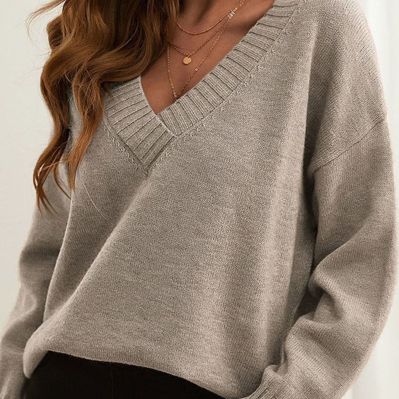Ruby | Oversized V-Neck Jumper Taupe Knit Ribbed Trim for Women