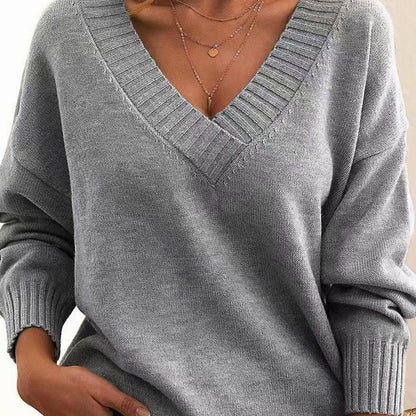 Ruby | Oversized V-Neck Jumper Taupe Knit Ribbed Trim for Women